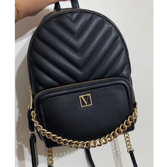 Victoria's Secret Handbags - Victoria's Secret Black Quilted Backpack with Gold Chain